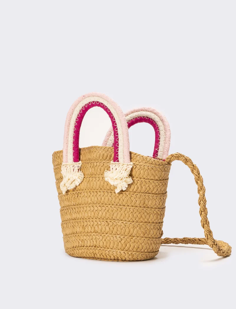 Borsa bambina paglia manico rainbow - Bianco
