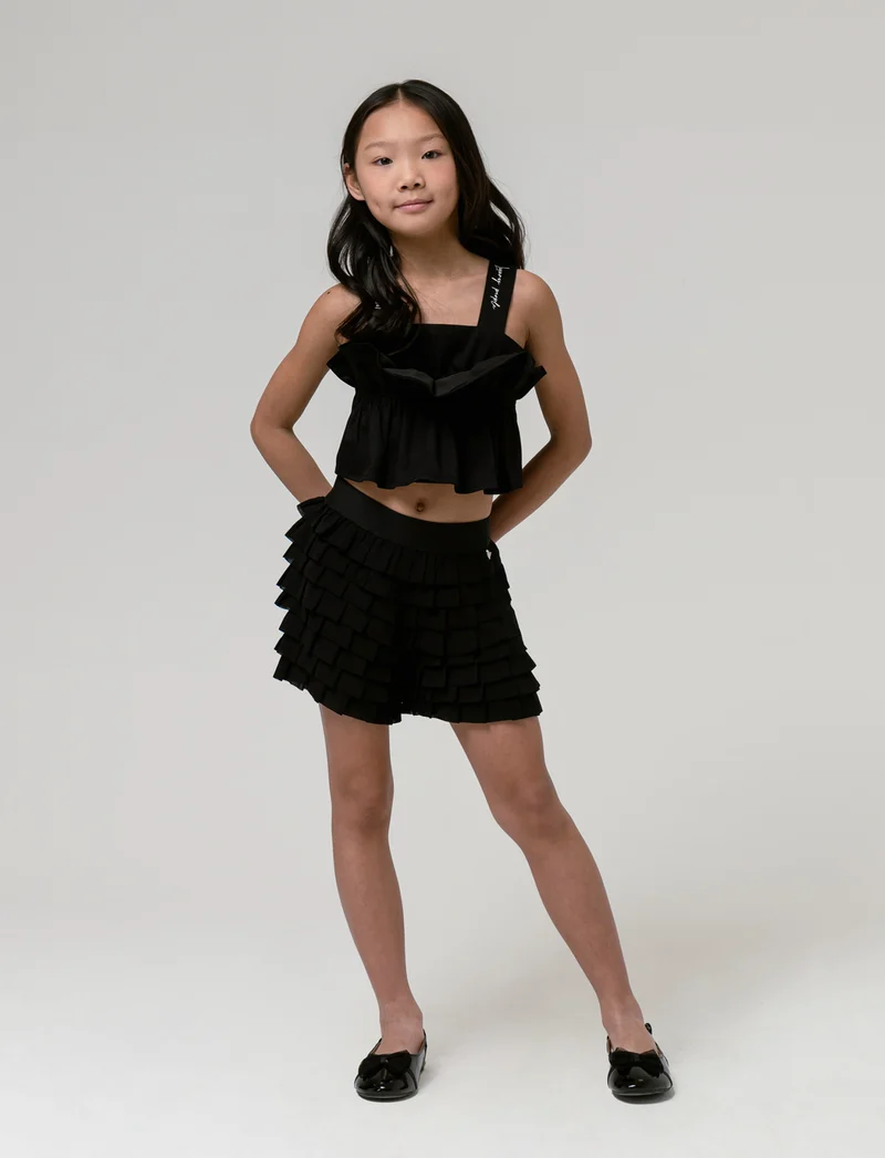 Short con balze in georgette da bambina - Nero