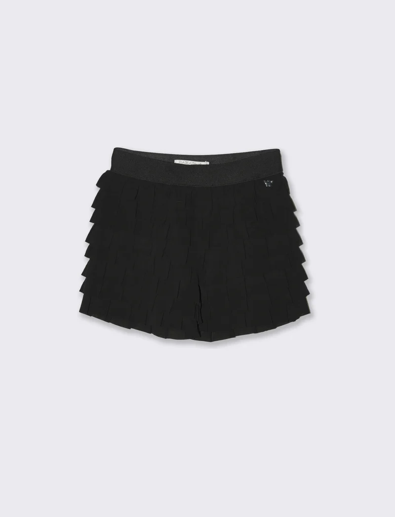 Short con balze in georgette da bambina - Nero