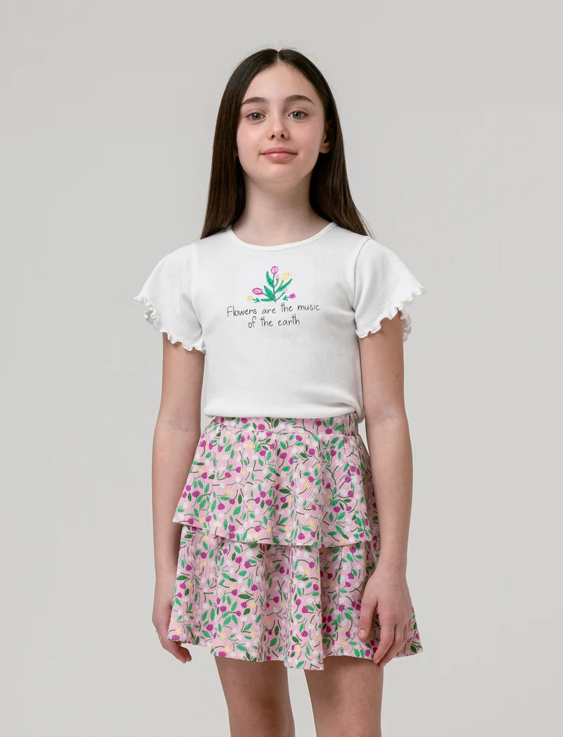 Completo top e gonnellina a balze da bambina - Bianco-rosa