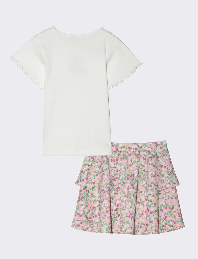 Completo top e gonnellina a balze da bambina - Bianco-rosa