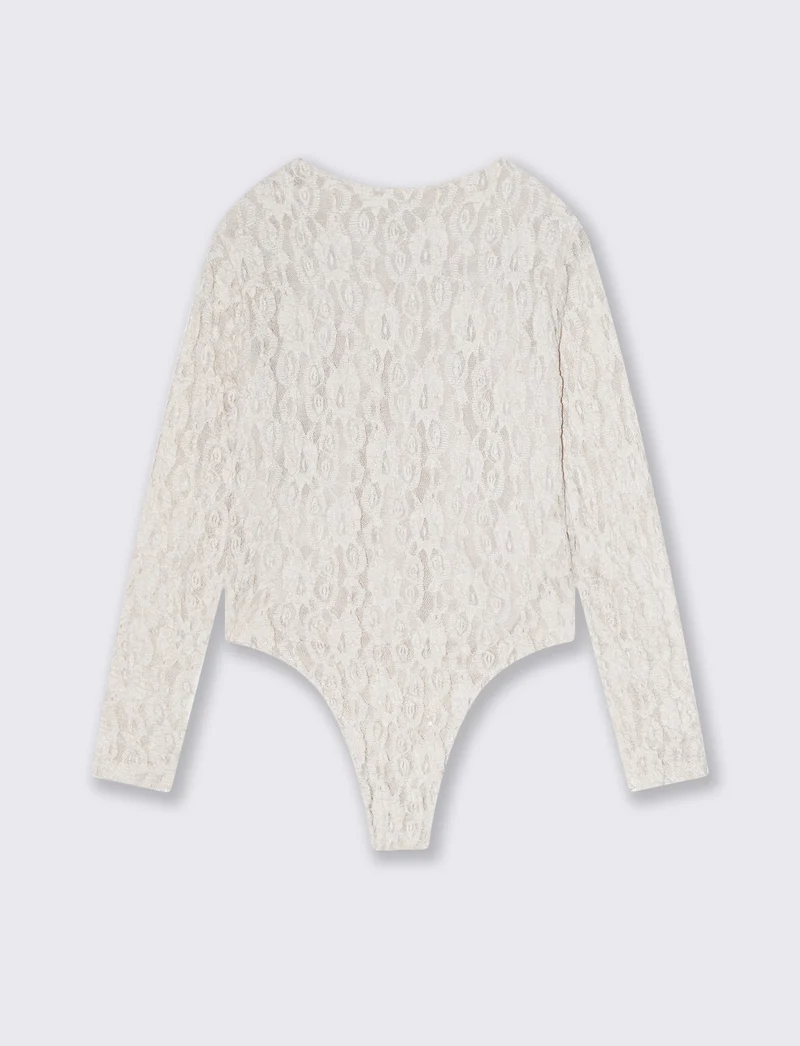 Body in pizzo girocollo per bambina - Crema