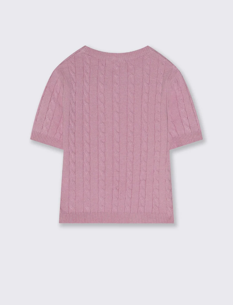 Pullover a mezza manica con trecce - Rosa polvere