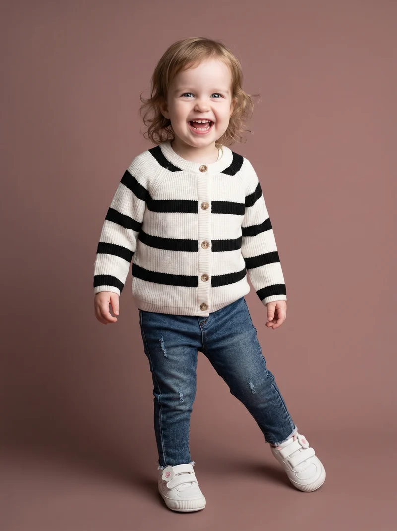 Cardigan girocollo rigato per bambina - Bianco-nero