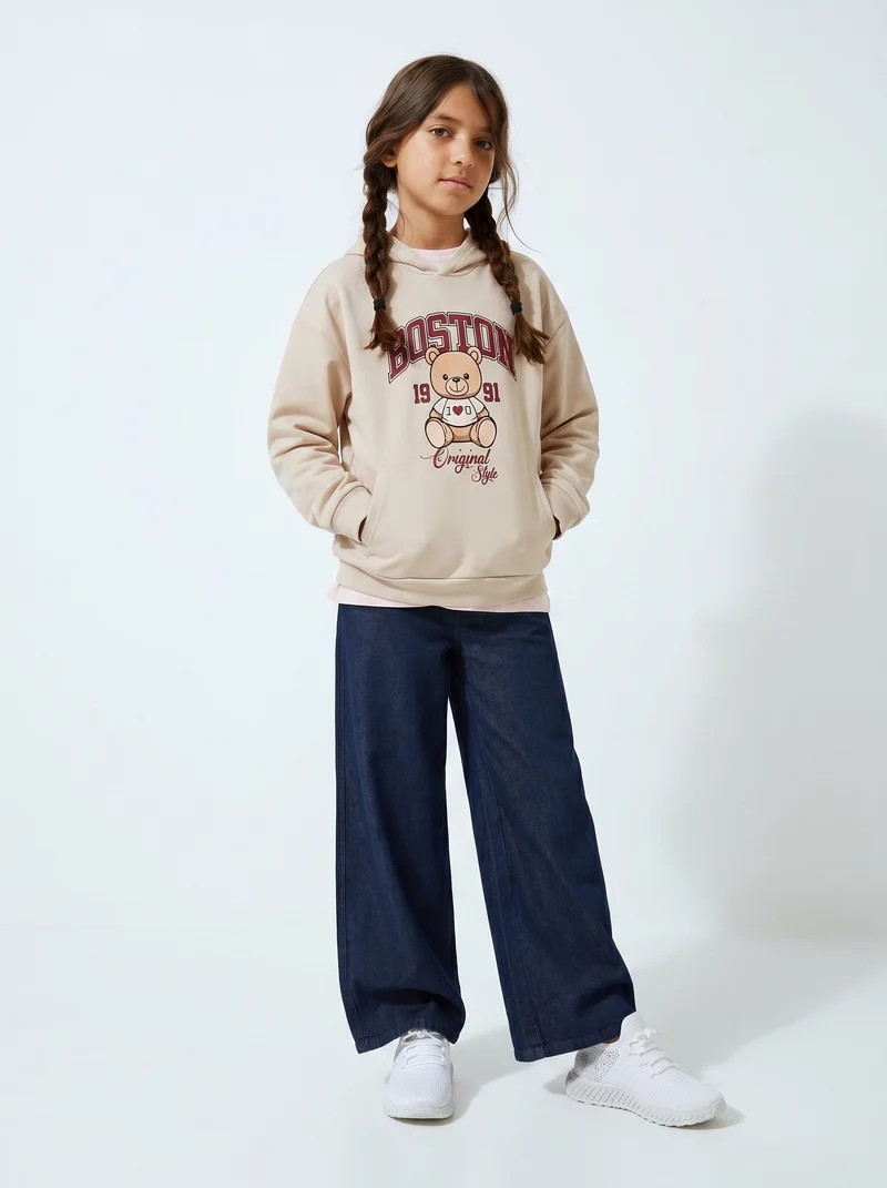 Felpa in cotone con cappuccio e stampa - Beige