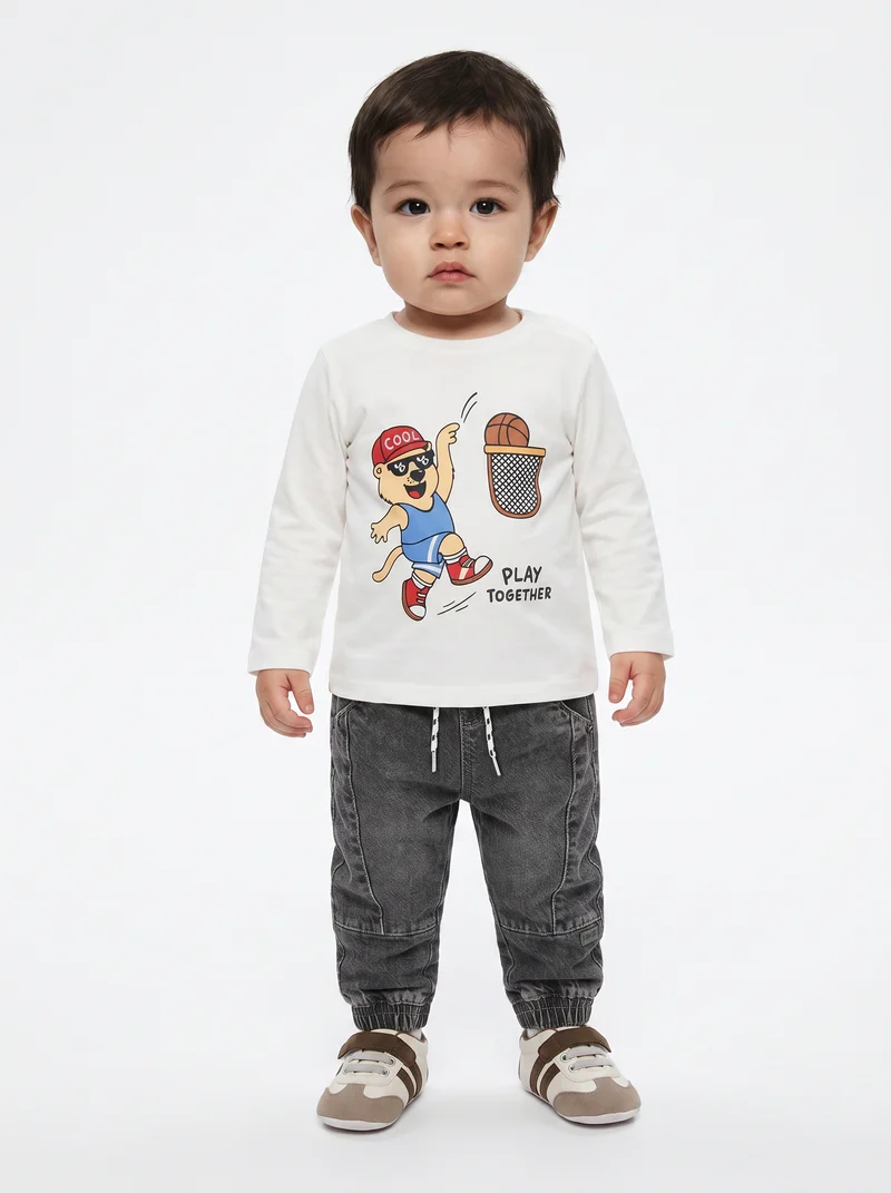 Jeans in denim con coulisse e patch - Grigio