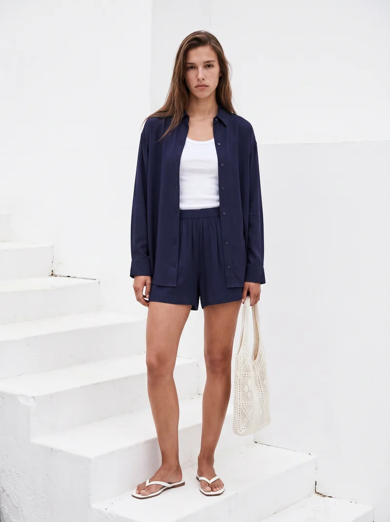 Shorts con elastico arricciato in vita - Blu