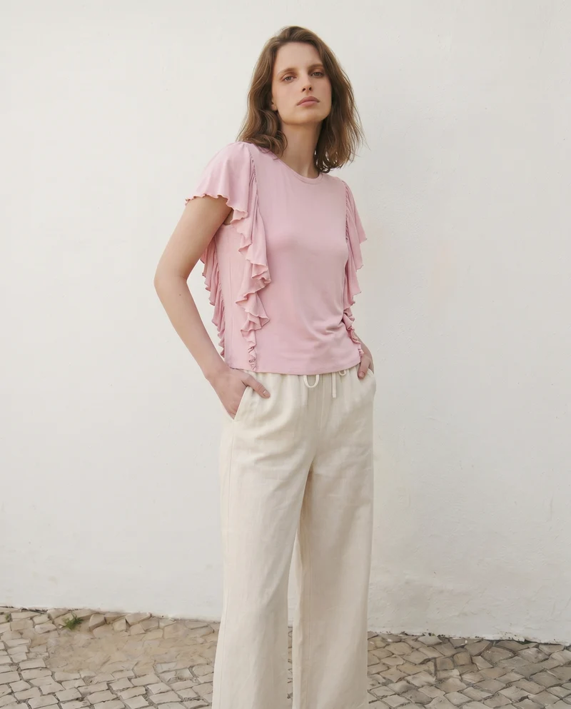 T-Shirt con Volant Laterali - Rosa polvere