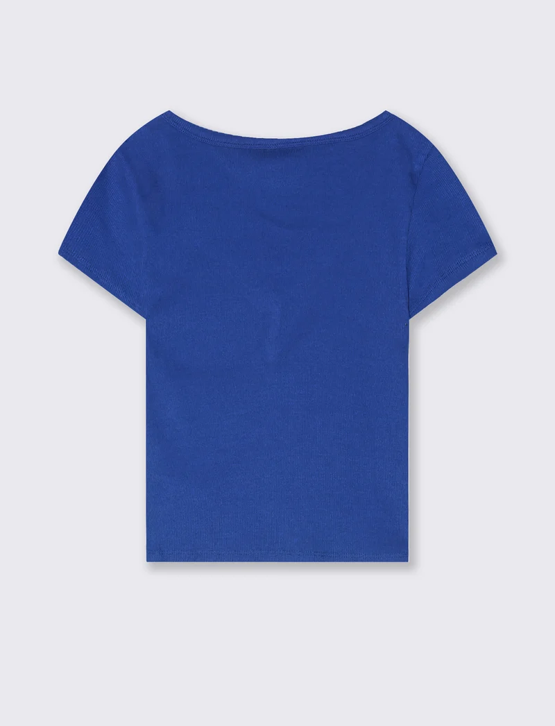 T-Shirt in Cotone con Scollo a V e Bottoni - Royal