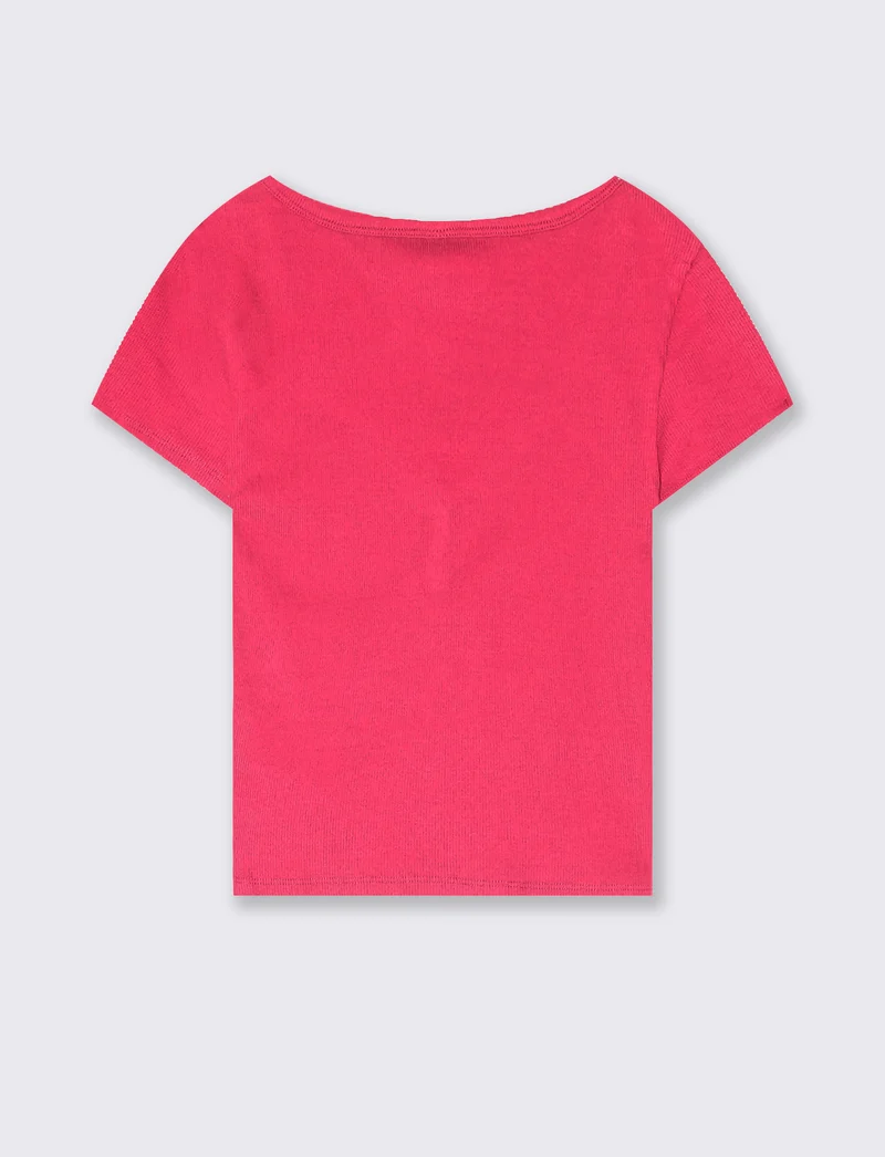T-Shirt in Cotone con Scollo a V e Bottoni - Fuxia