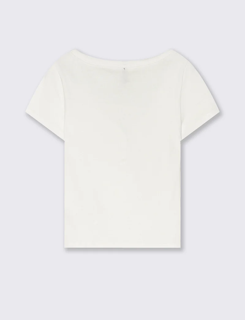 T-Shirt in Cotone con Scollo a V e Bottoni - Bianco latte