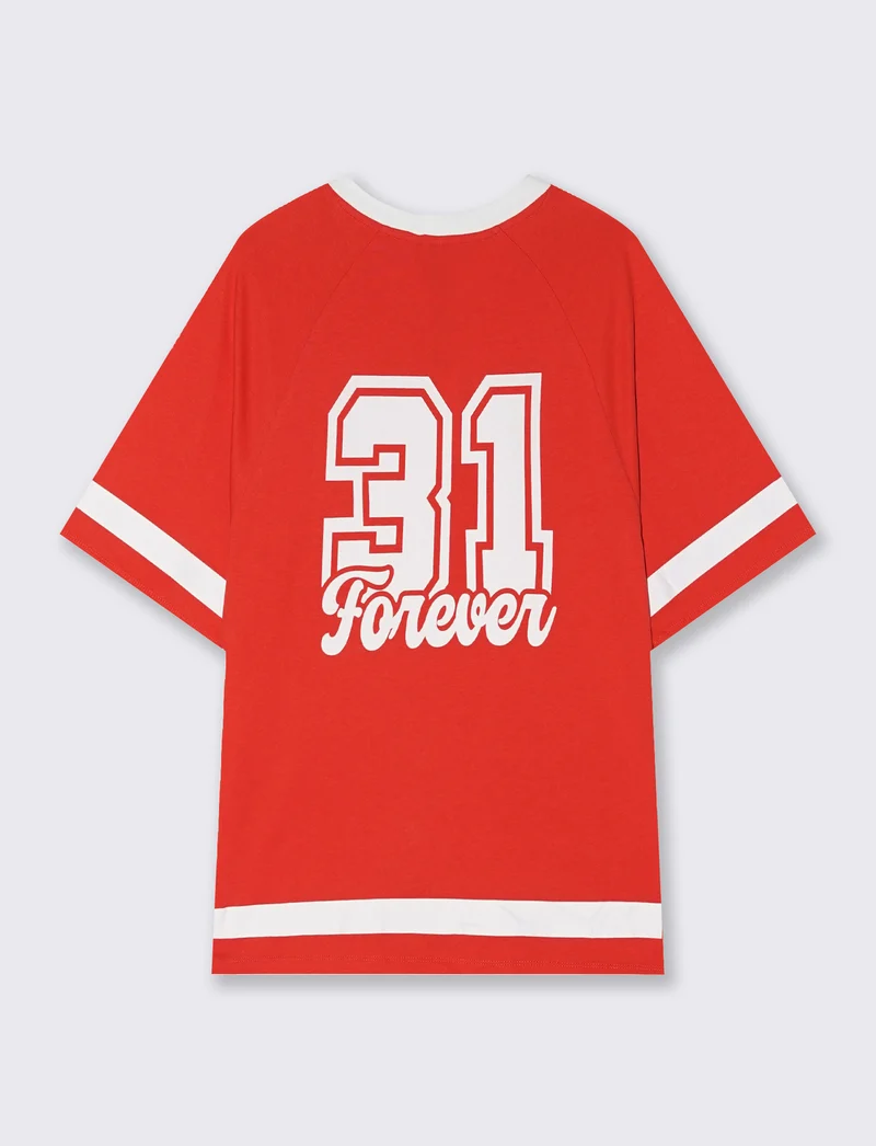 T-Shirt Scollo a V con Stampa - Corallo
