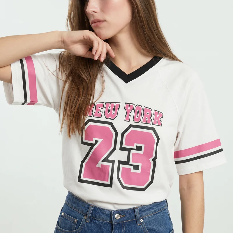 T-Shirt Scollo a V con Stampa - Bianco