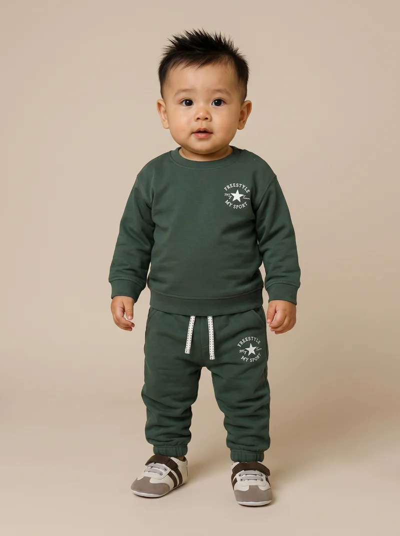 Jogger basico in cotone con stampa - Verde abete