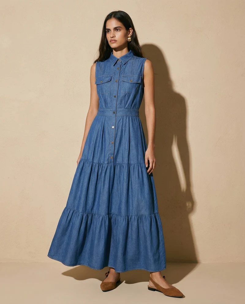 Abito lungo denim a giromaniche e balze - DENIM SCURO