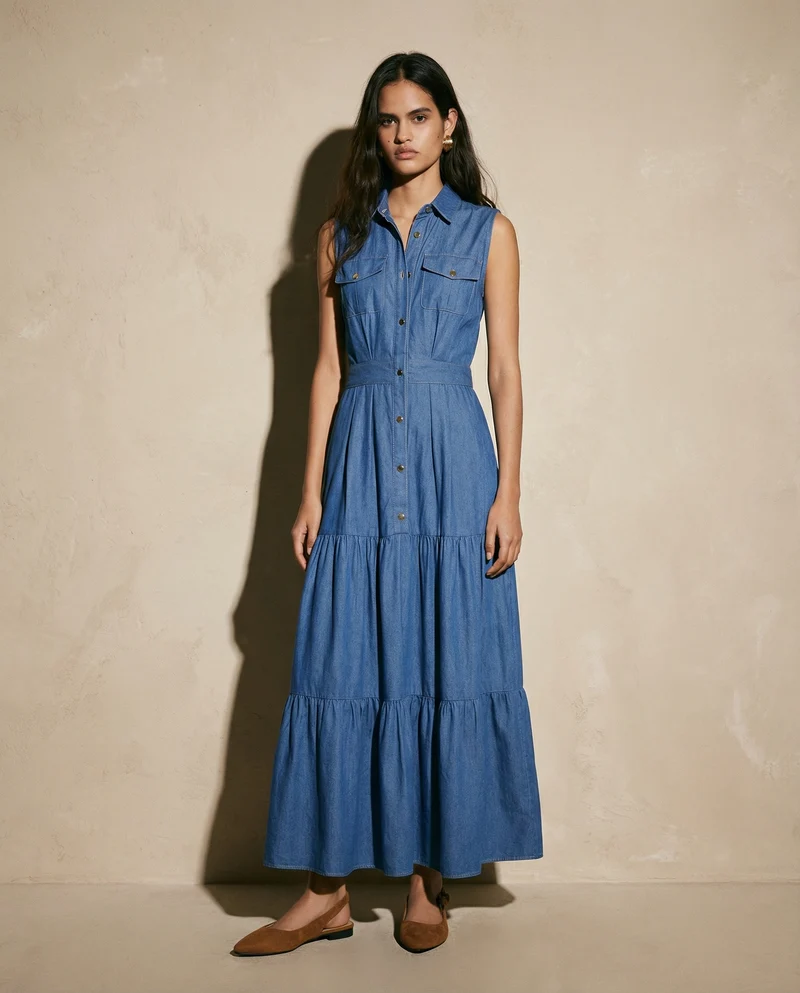 Abito lungo denim a giromaniche e balze - DENIM SCURO