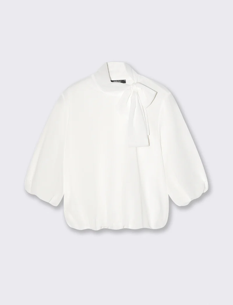Blusa cropped con fiocco e maniche 3/4 - Bianco latte