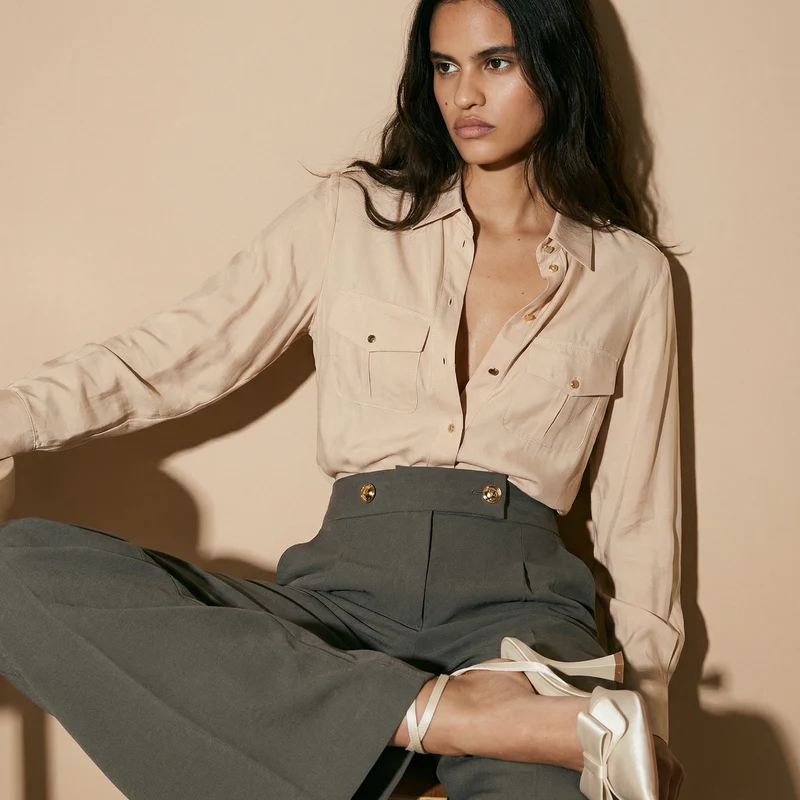 Camicia morbida manica lunga con tasche - Cuoio