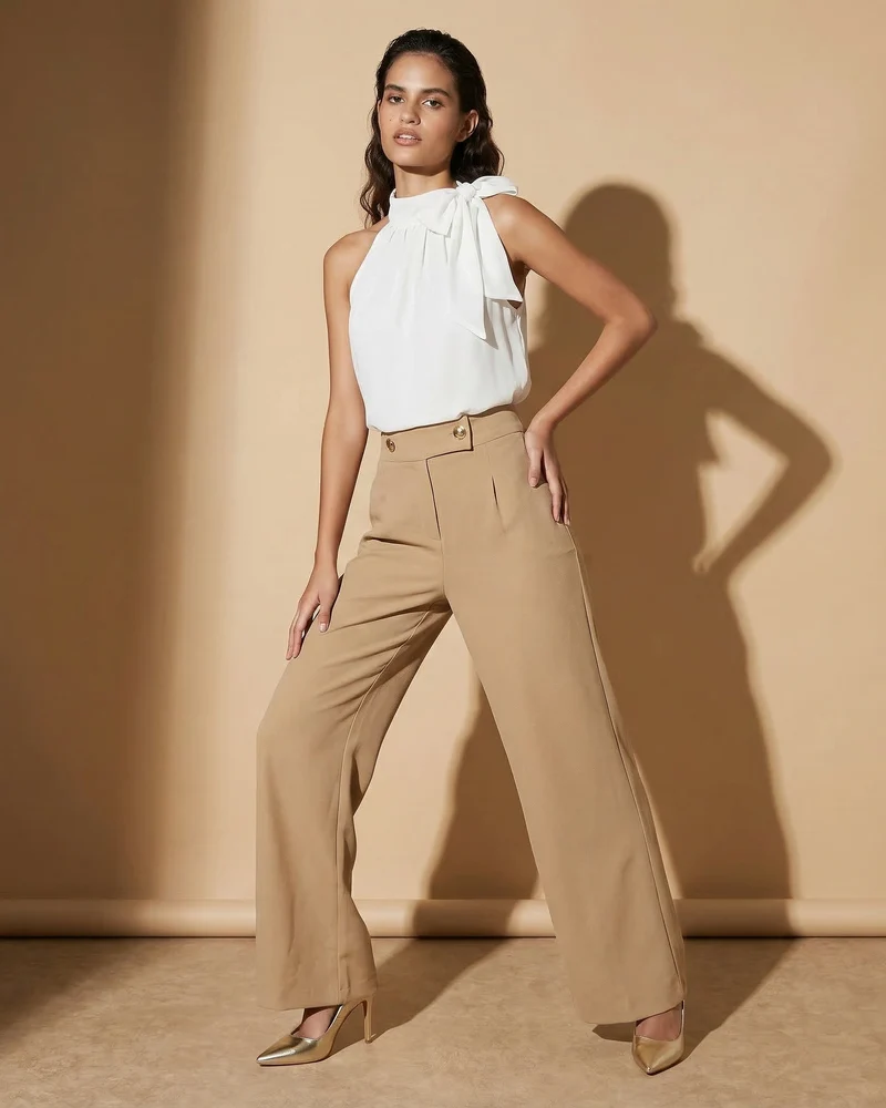 Pantaloni Palazzo con Bottoni in Vita - Sabbia