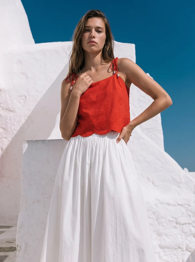 Top con Pizzo e Bretelle con Fiocco - Corallo