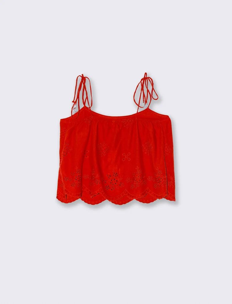Top con Pizzo e Bretelle con Fiocco - Corallo