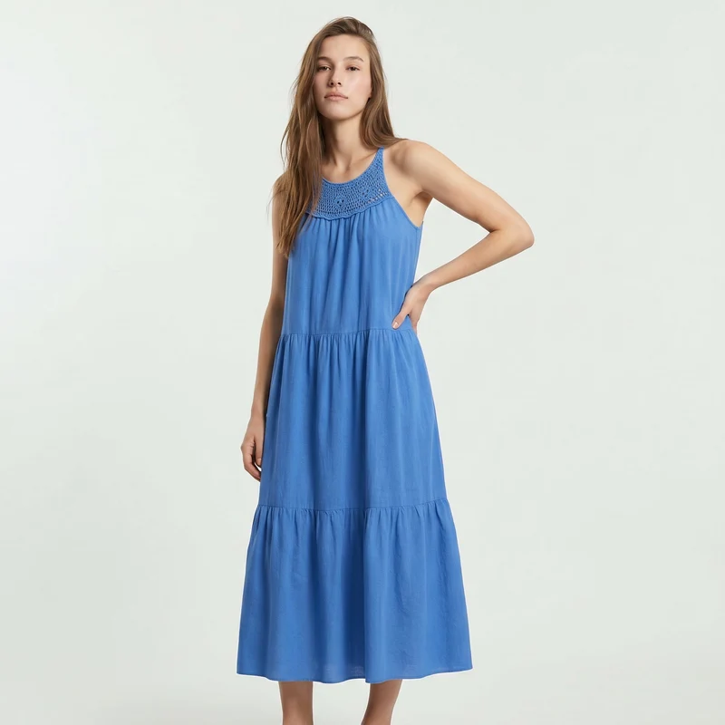 Abito lungo con tagli frontali e trim - Azzurro