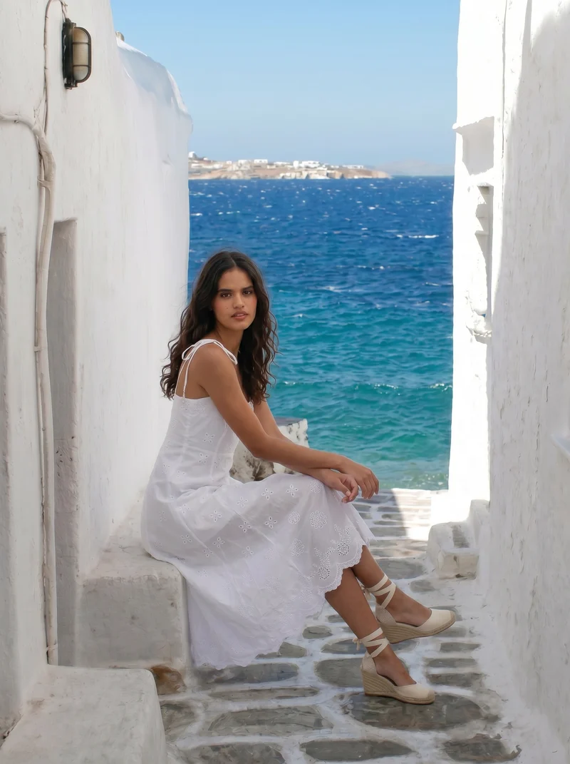 Vestito Lungo in Cotone Sangaloo Svasato - Bianco