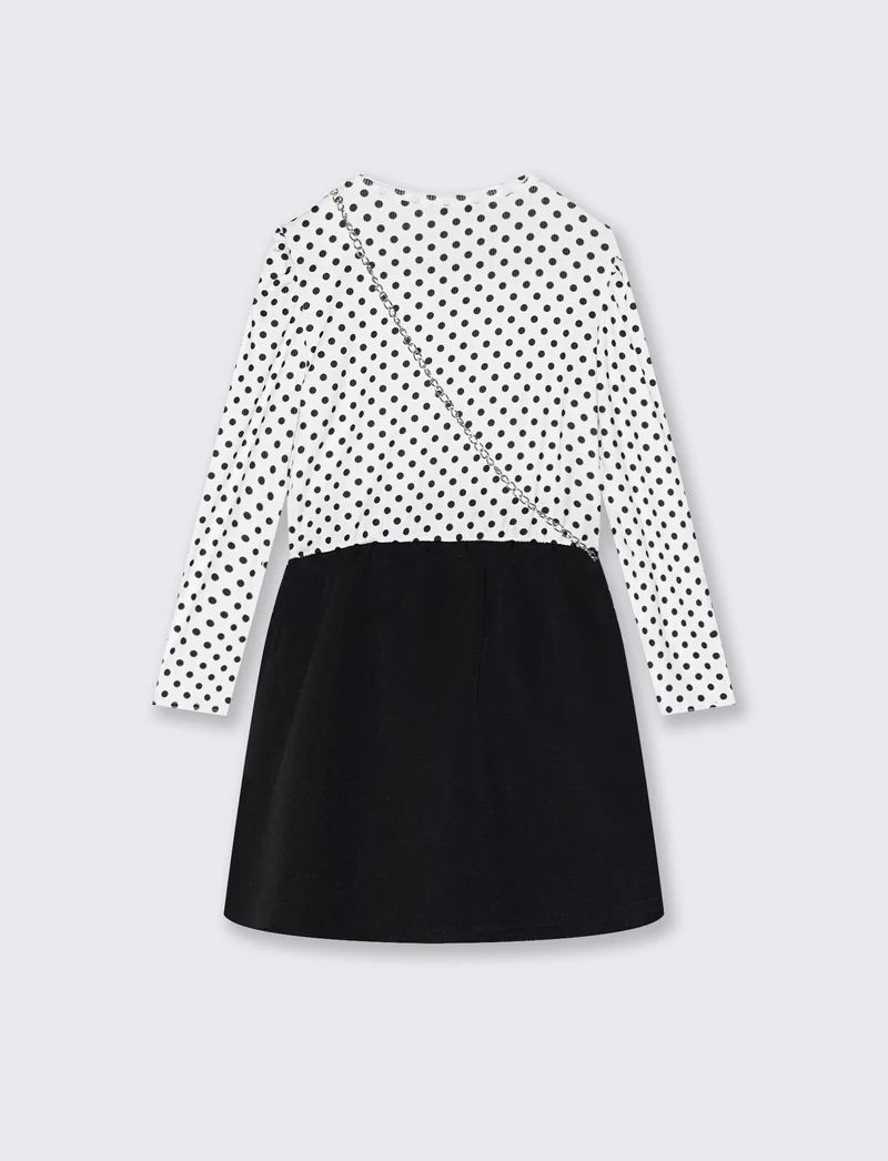 Abito a pois con gonna a contrasto e borsa - Nero