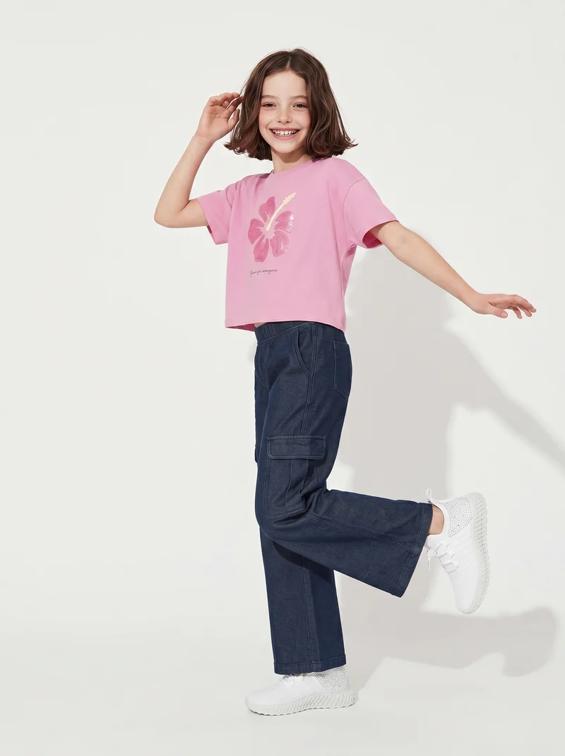 T-Shirt Over in Cotone con Ricamo Fiore - Rosa