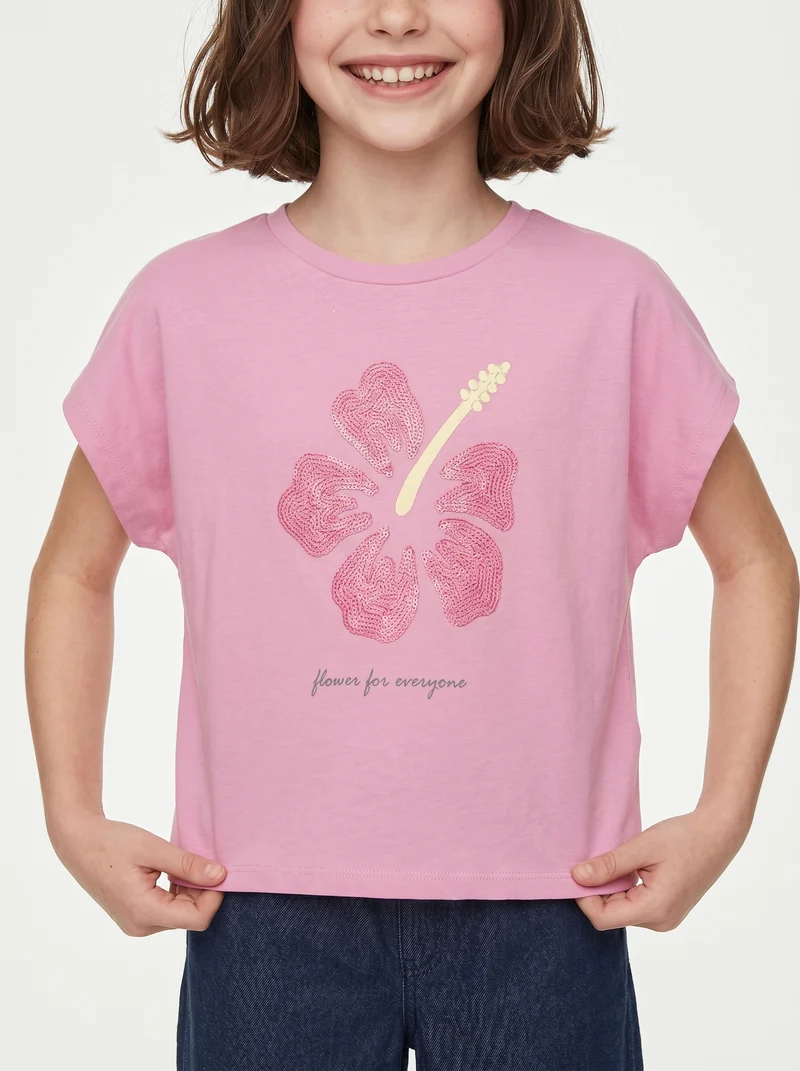 T-Shirt Over in Cotone con Ricamo Fiore - Rosa