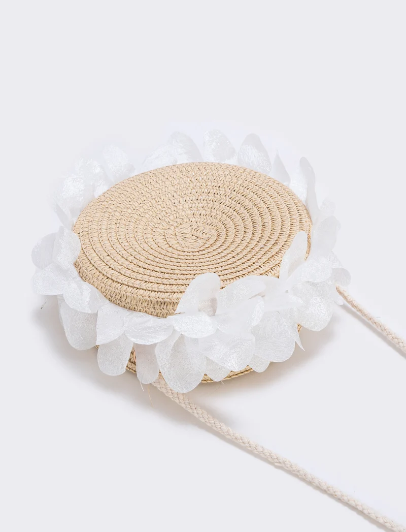 Borsetta rotonda in paglia con rouche bambina - Bianco natural