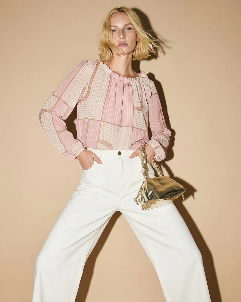Blusa con stampa e fiocco sull'orlo - Rosa