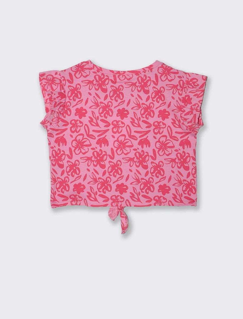 T-shirt estiva in cotone con nodo e manica aletta - Rosa