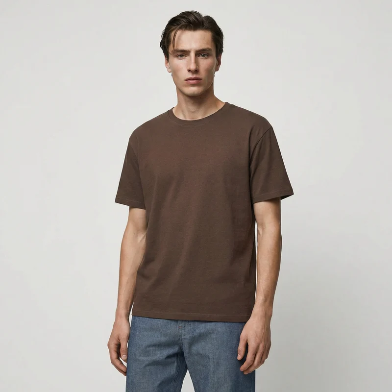 T-shirt girocollo in jacquard con maniche corte - Moro