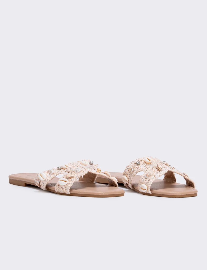 Mule beige effetto paglia con conchiglie - Beige