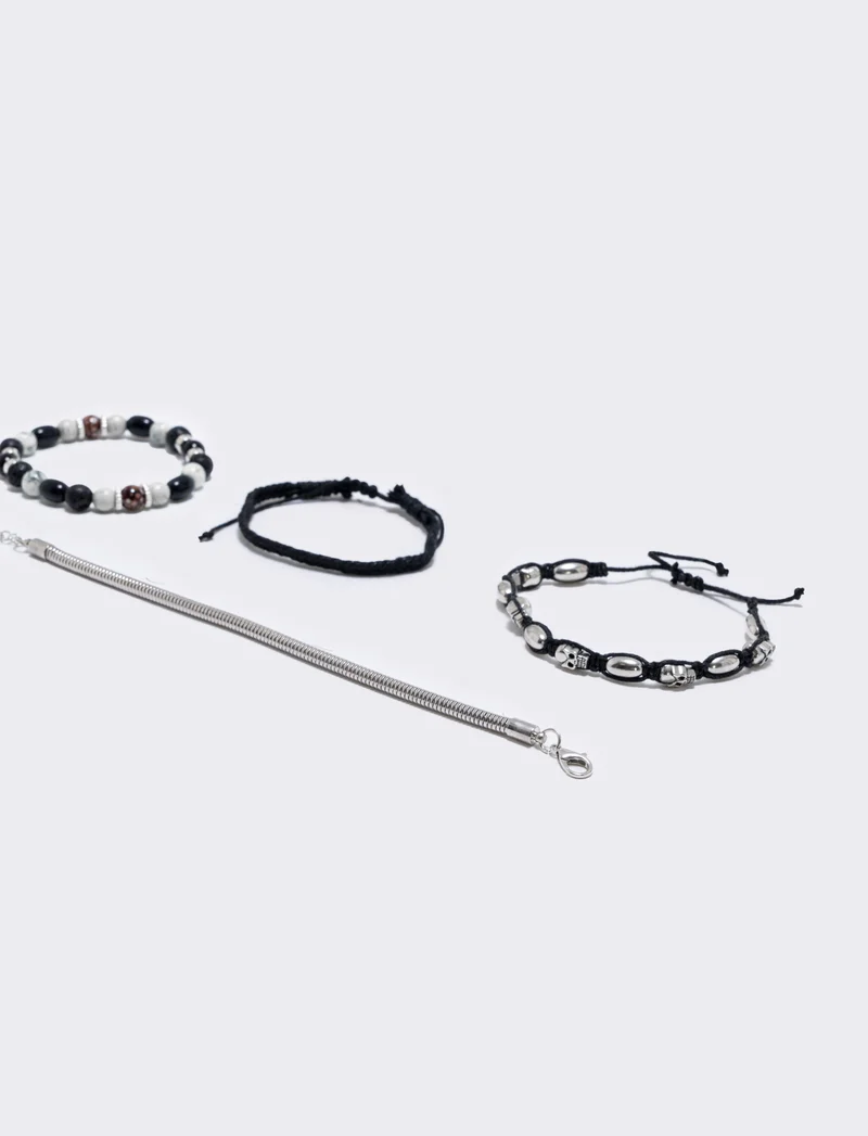 Bracciale 3 fili con teschio e palline - Bianco
