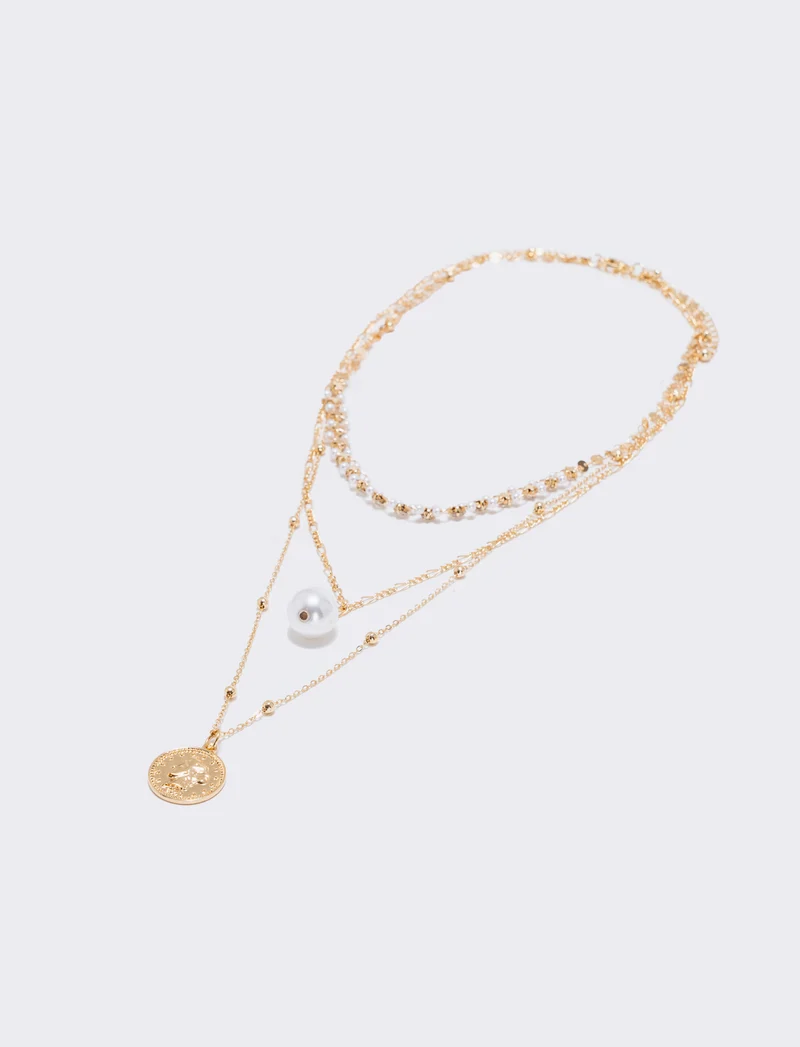 Collana tre fili con perla e monetina - Oro