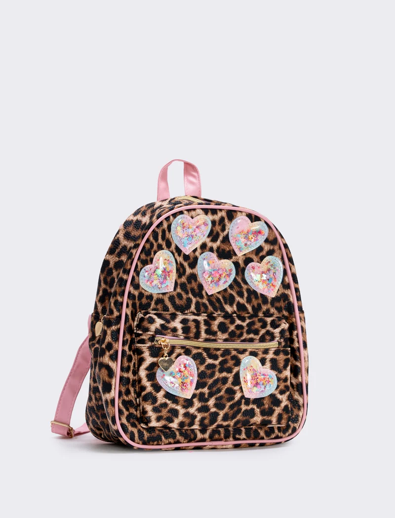 Zainetto leopardato con cuori glitterati - Rosa
