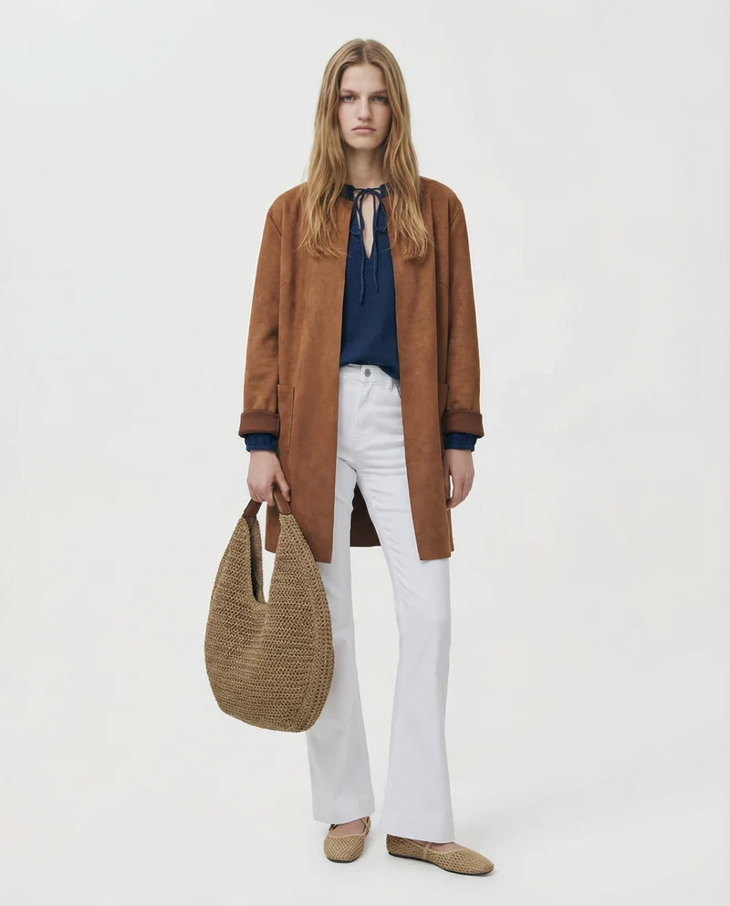 Giacca aperta in suede senza bottoni - Cammello