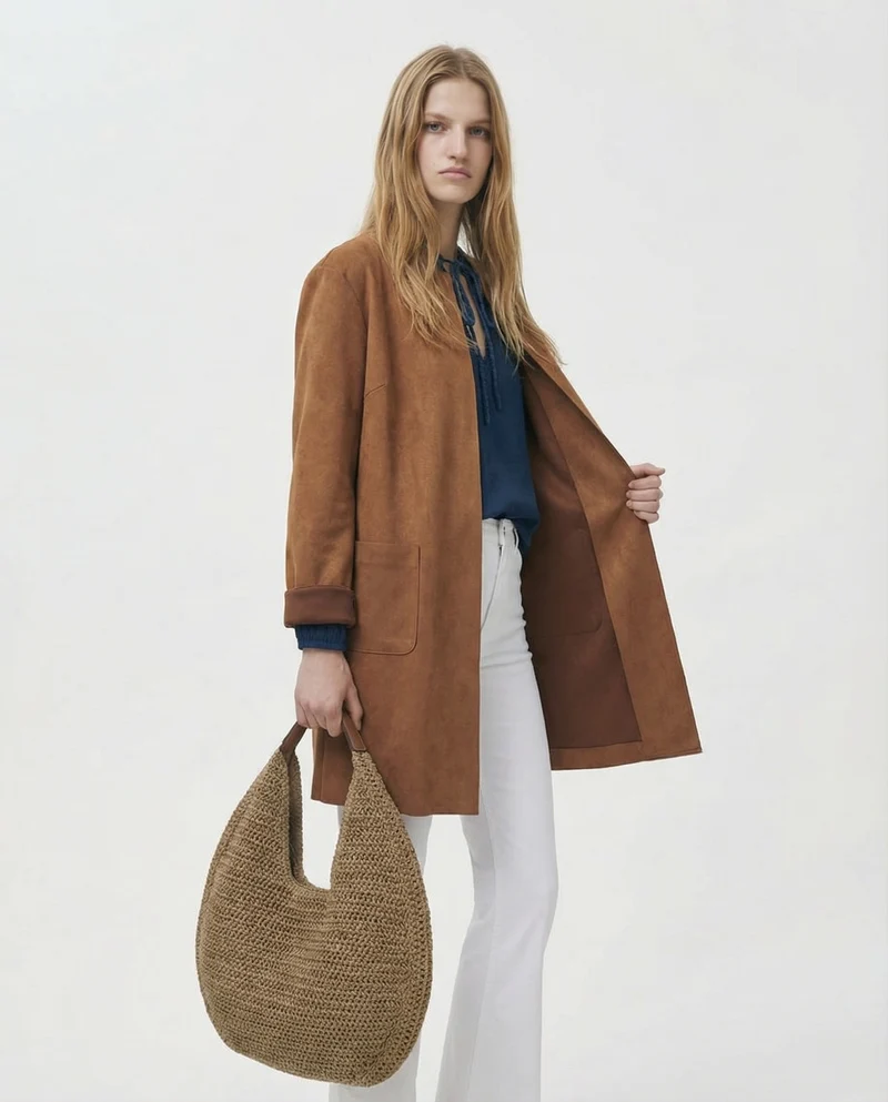 Giacca aperta in suede senza bottoni - Cammello