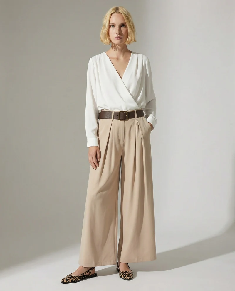 Pantaloni con pieghe e cintura - Beige
