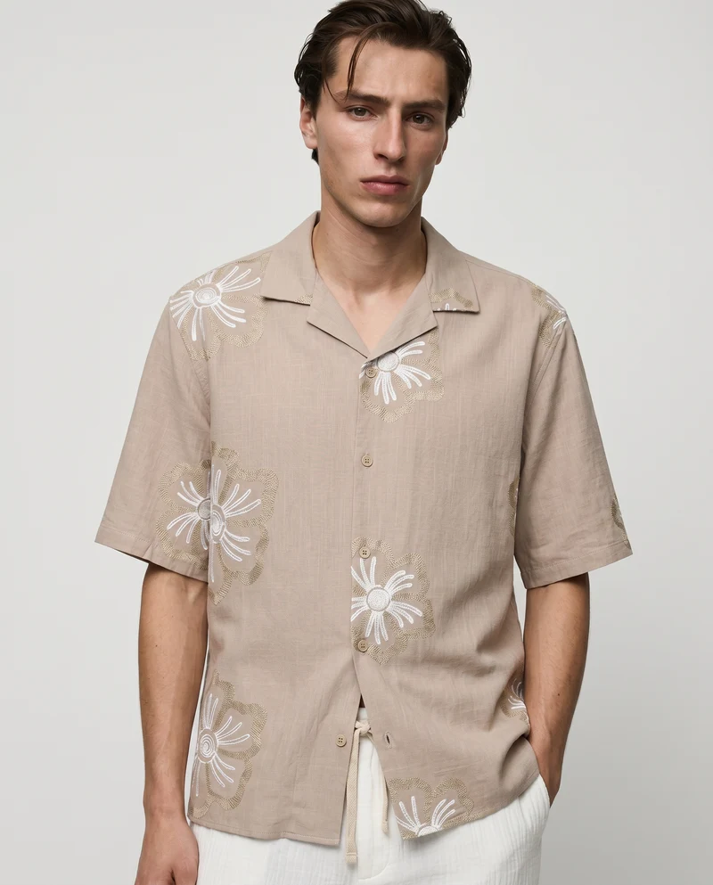 Camicia boxy fit in cotone ricamato - Beige