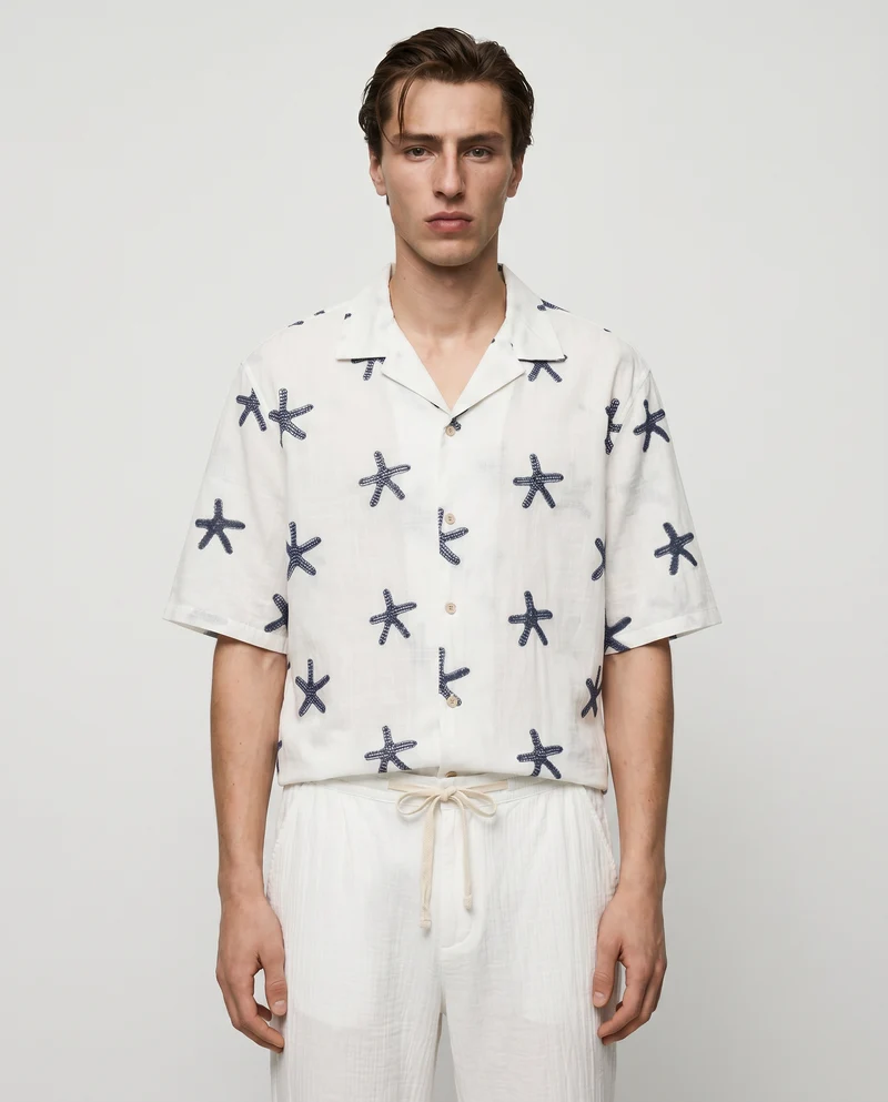 Camicia boxy fit in cotone ricamato - Bianco