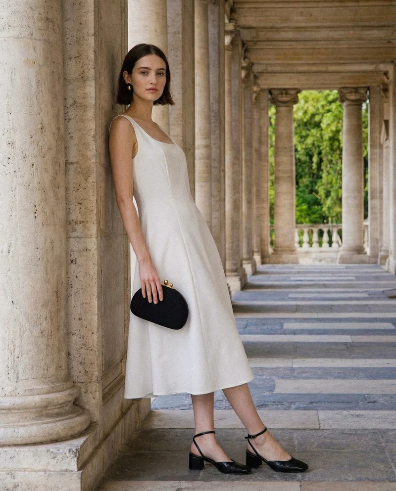Vestito Midi Smanicato con Scollo Profondo - Bianco latte