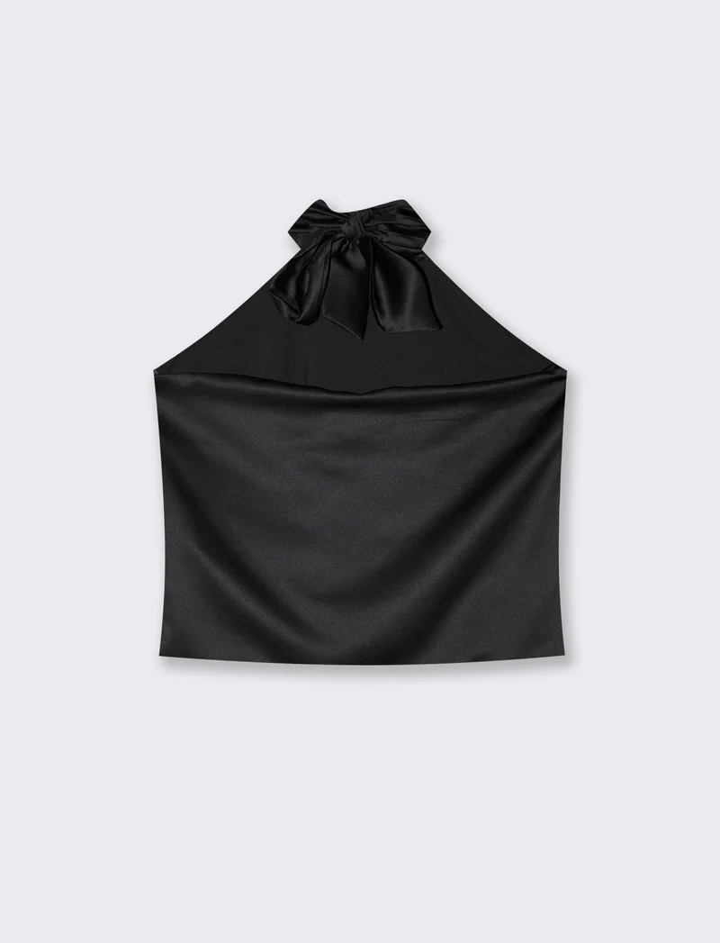 Top in raso scollato all'americana - Nero