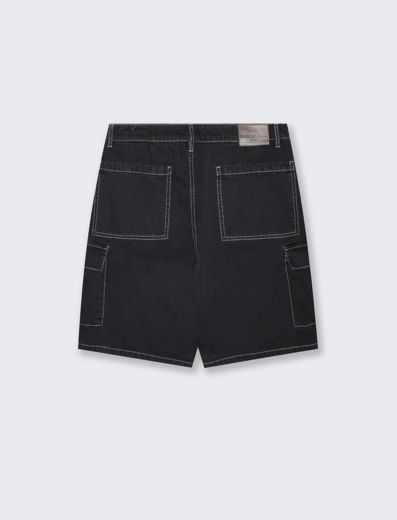 Bermuda Jeans Cargo Baggy Fit Effetto Slavato - Nero