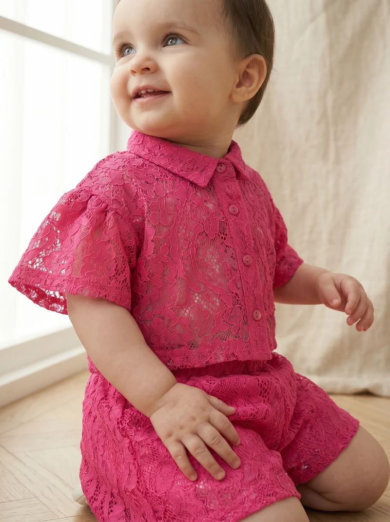 Camicia corta in pizzo con maniche ampie - Fuxia