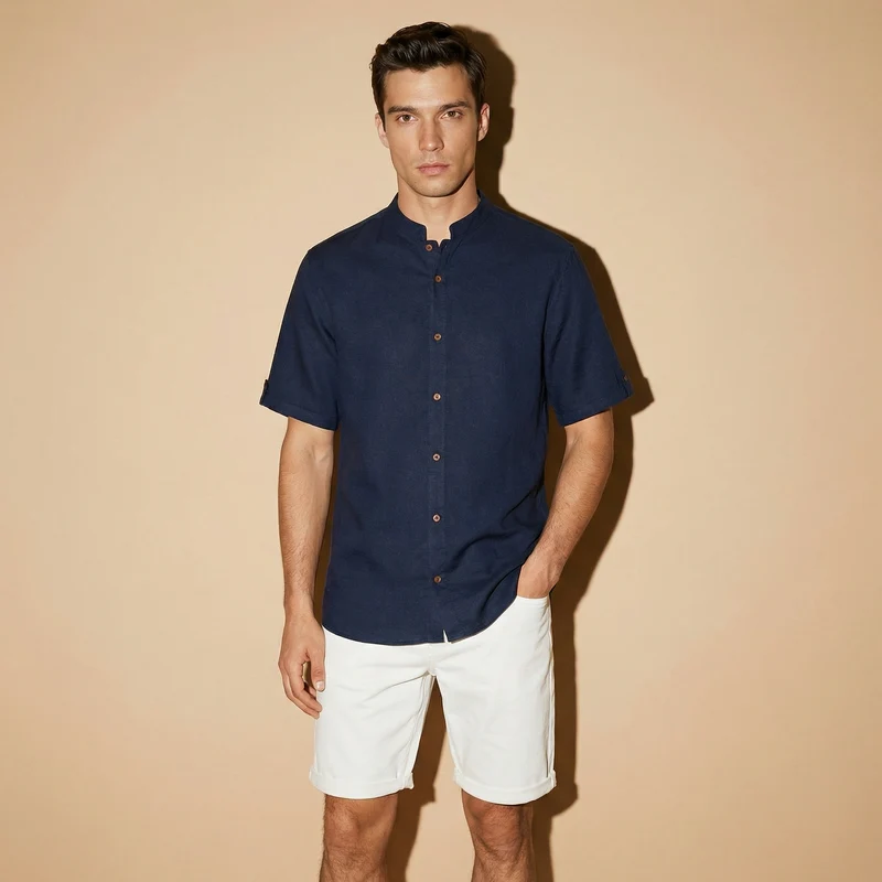 Camicia coreana manica corta in lino - Blu