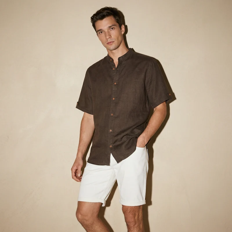 Camicia coreana manica corta in lino - Moro