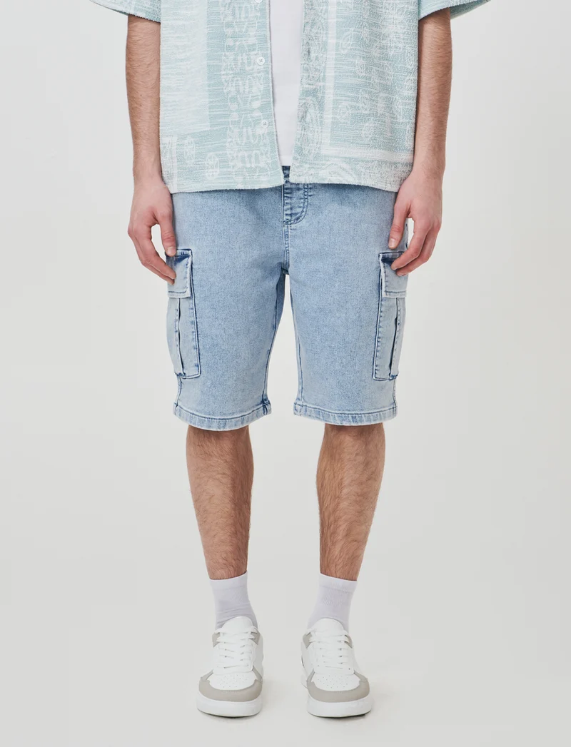 Bermuda Cargo Denim Slavato con Tasche - Denim
